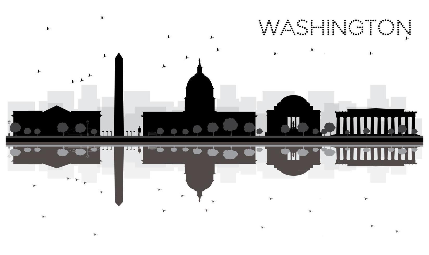 Washington DC City Skyline silueta en blanco y negro con reflejos. vector