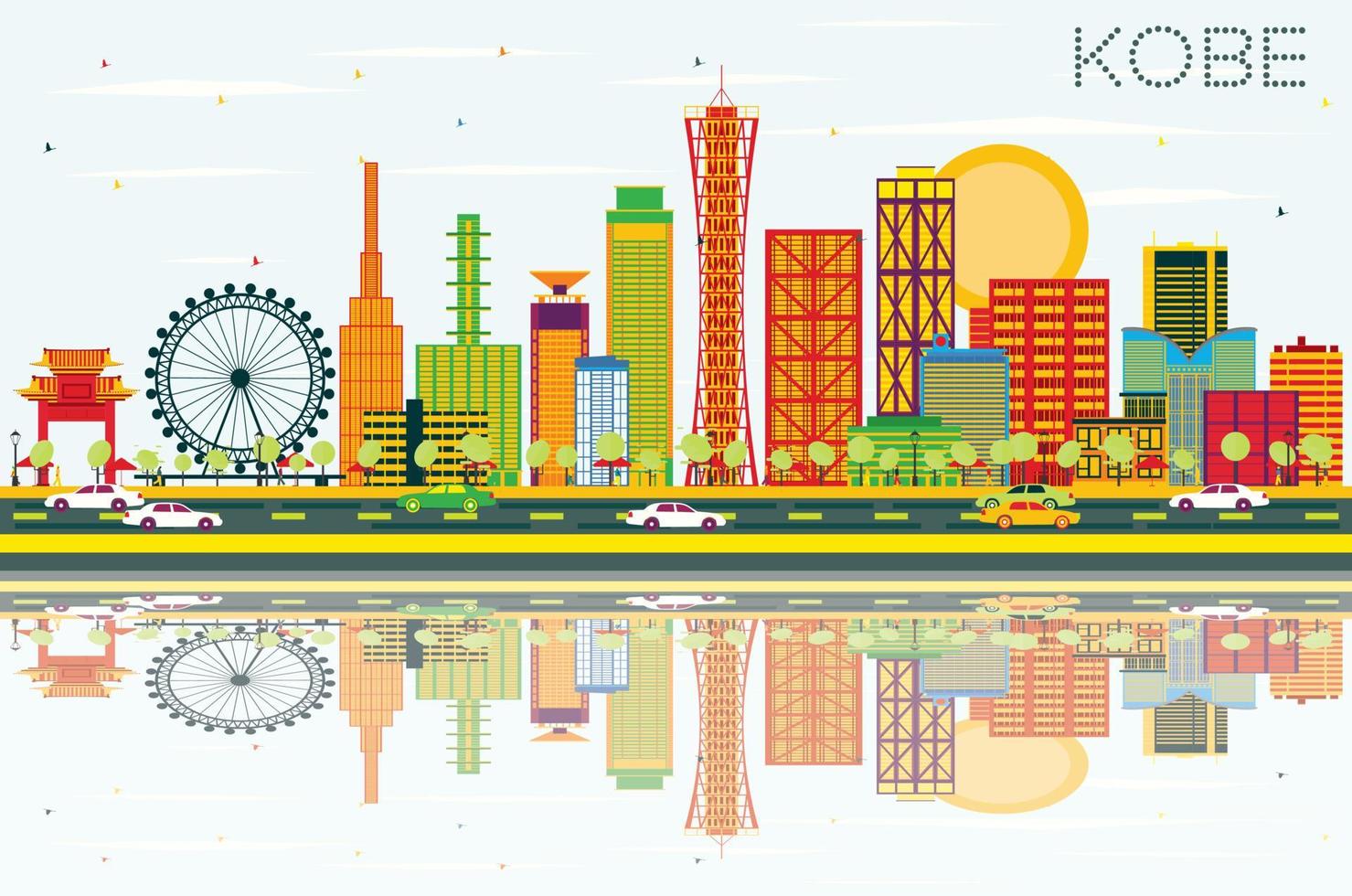 Kobe Skyline with Color Buildings, Blue Sky and Reflections. vector