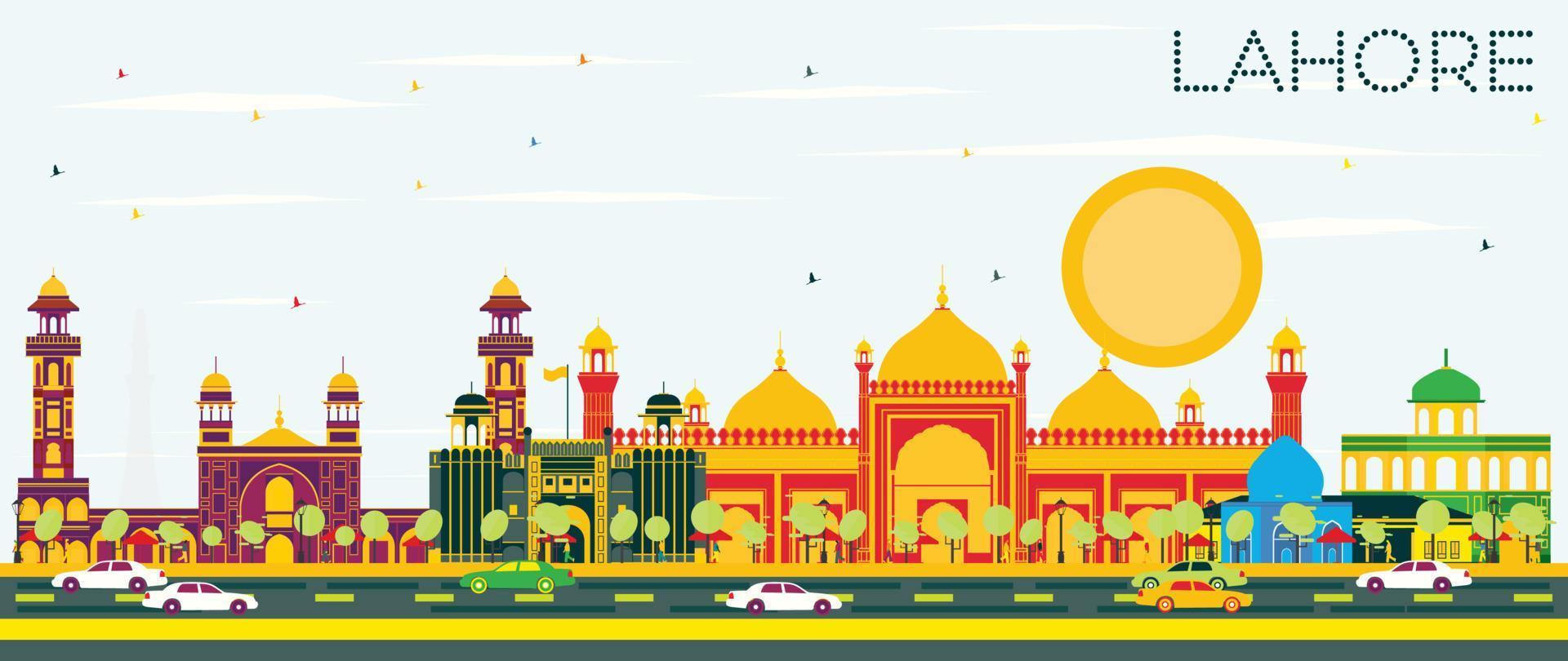 horizonte de lahore con puntos de referencia de color y cielo azul. vector