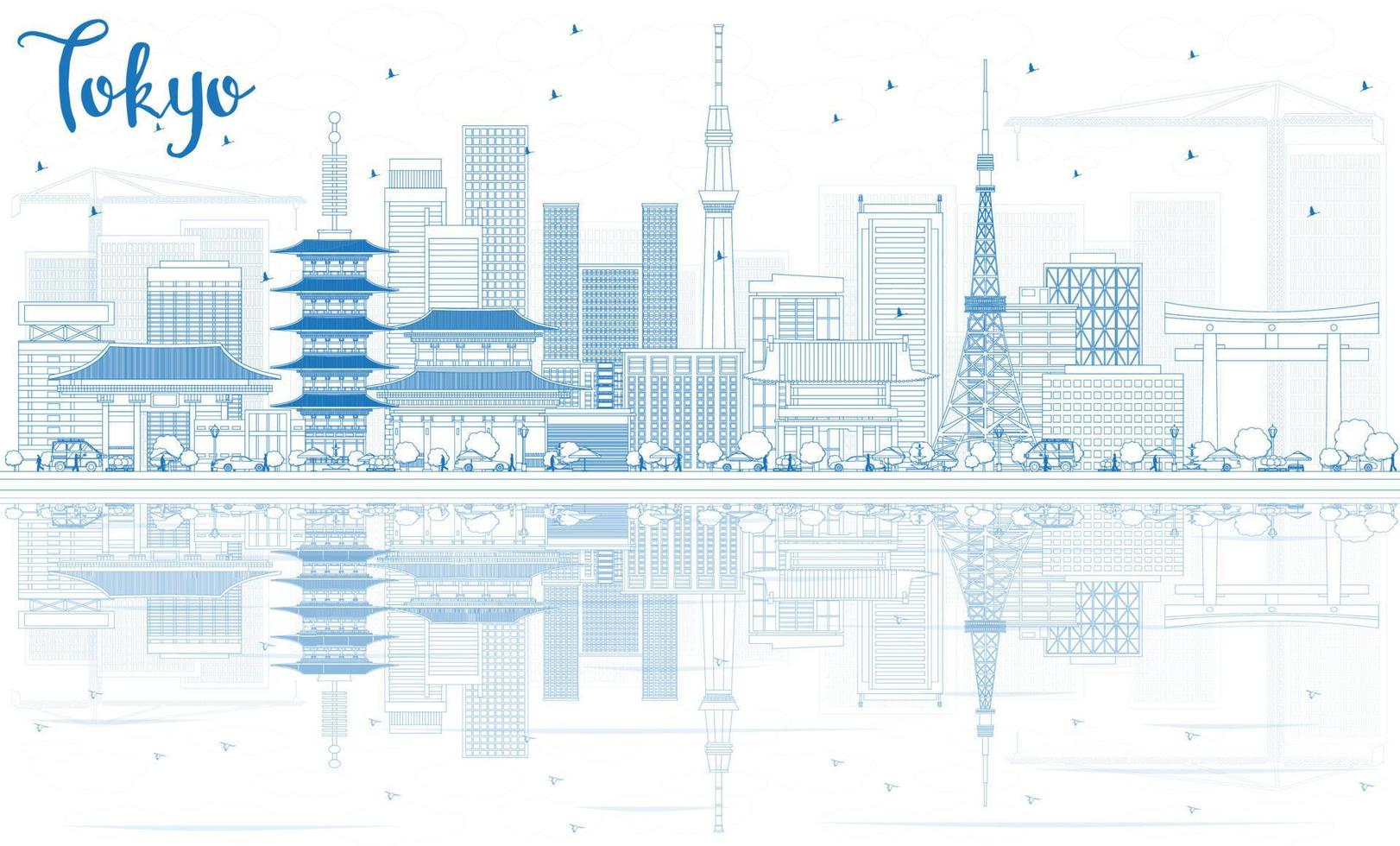 Outline Tokyo Skyline with Blue Buildings and Reflections. vector