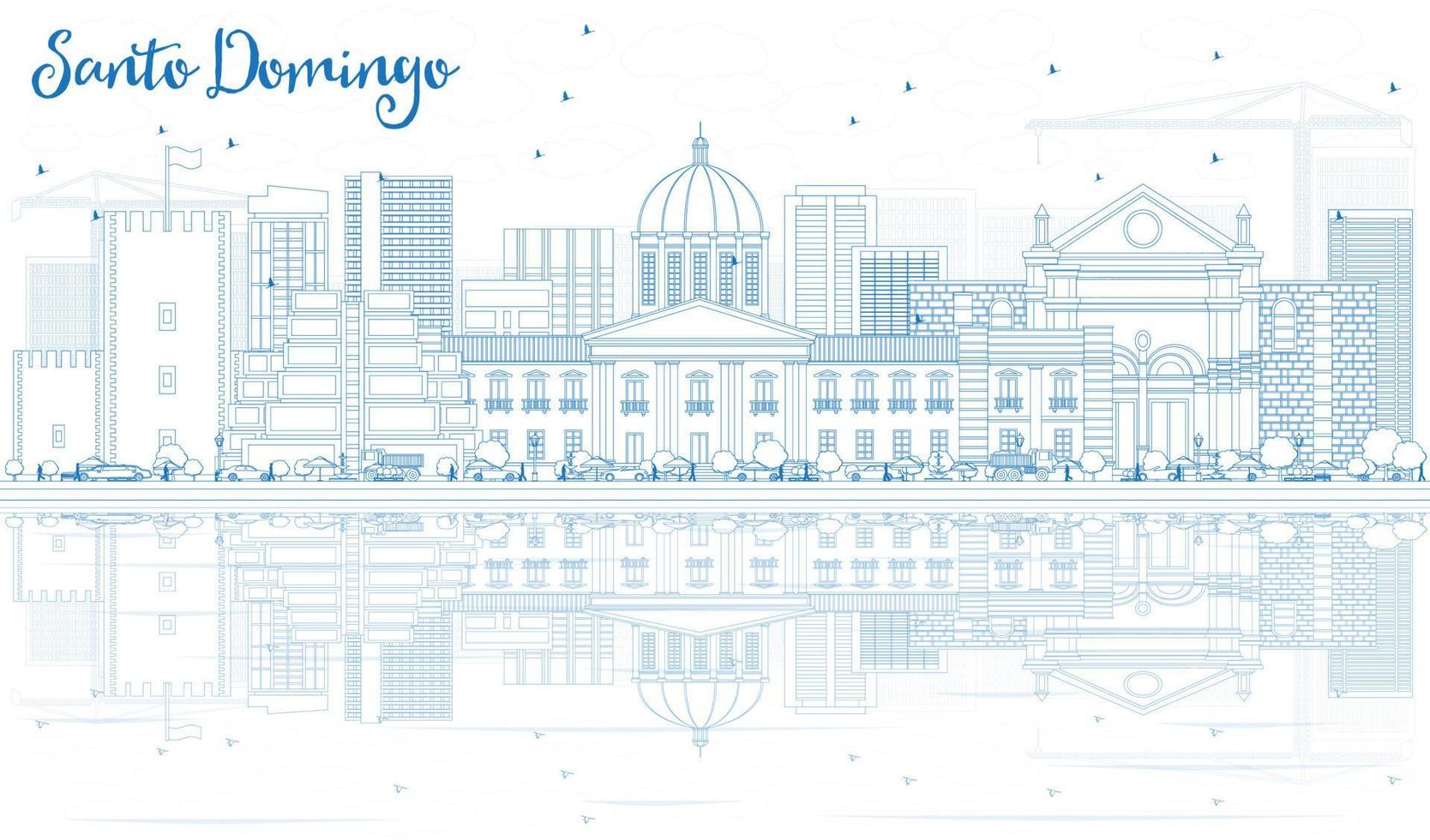 Outline Santo Domingo Skyline with Blue Buildings and Reflections. vector