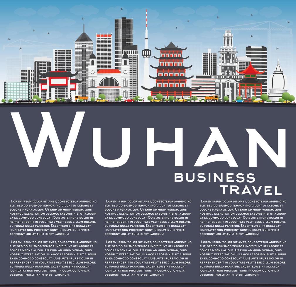 Wuhan Skyline with Gray Buildings, Blue Sky and Copy Space. vector