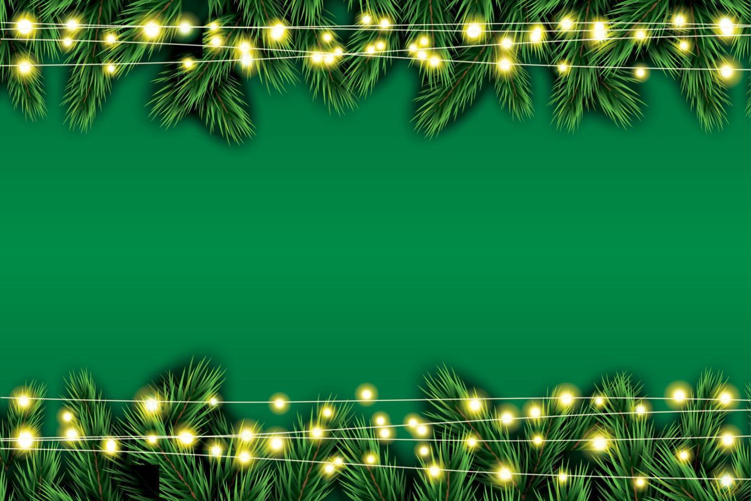 Fir Branch with Neon Lights on Green Background. vector