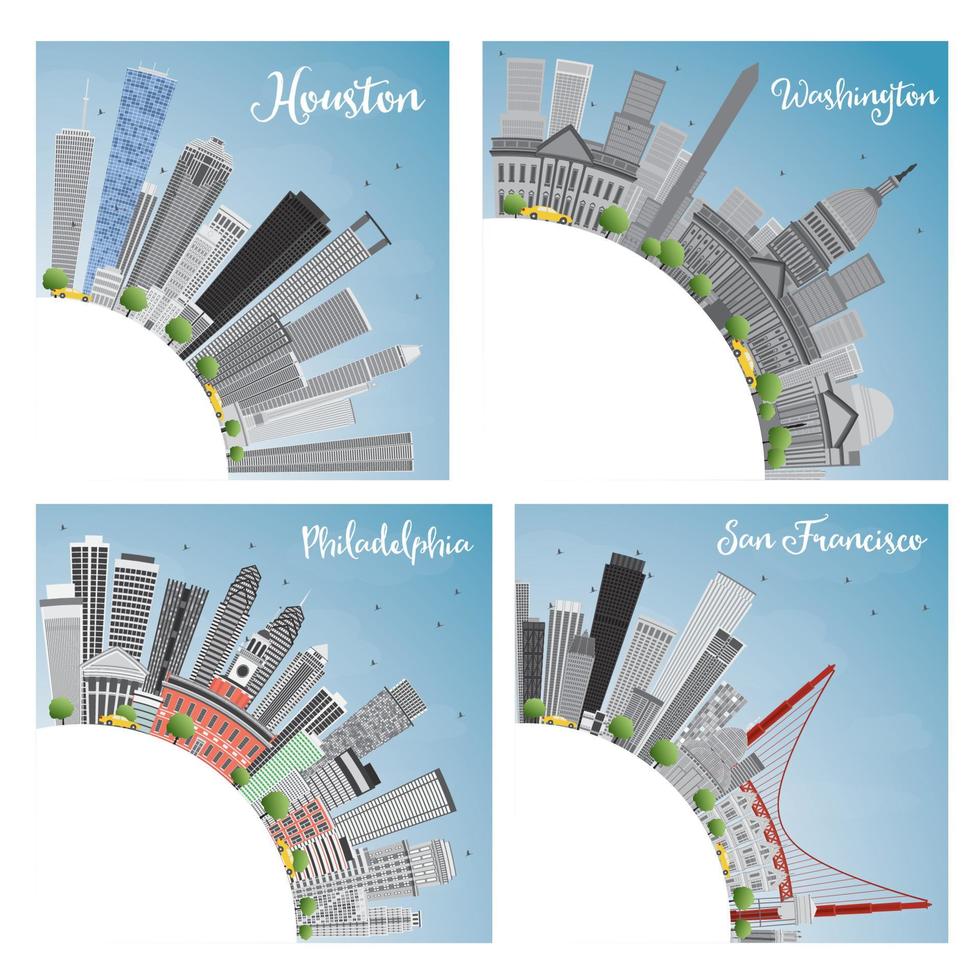 Set of 4 City in Usa. Houston, Washington DC, Philadelphia, San Francisco. vector