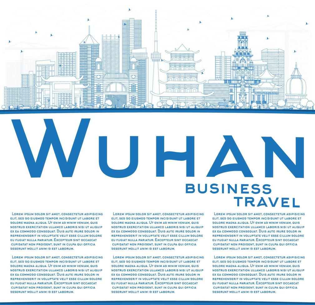 Outline Wuhan Skyline with Blue Buildings and Copy Space. vector