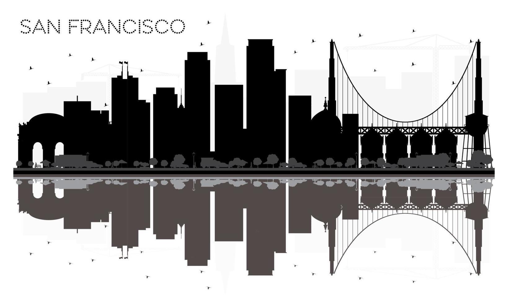 silueta en blanco y negro del horizonte de la ciudad de san francisco con reflejos. vector