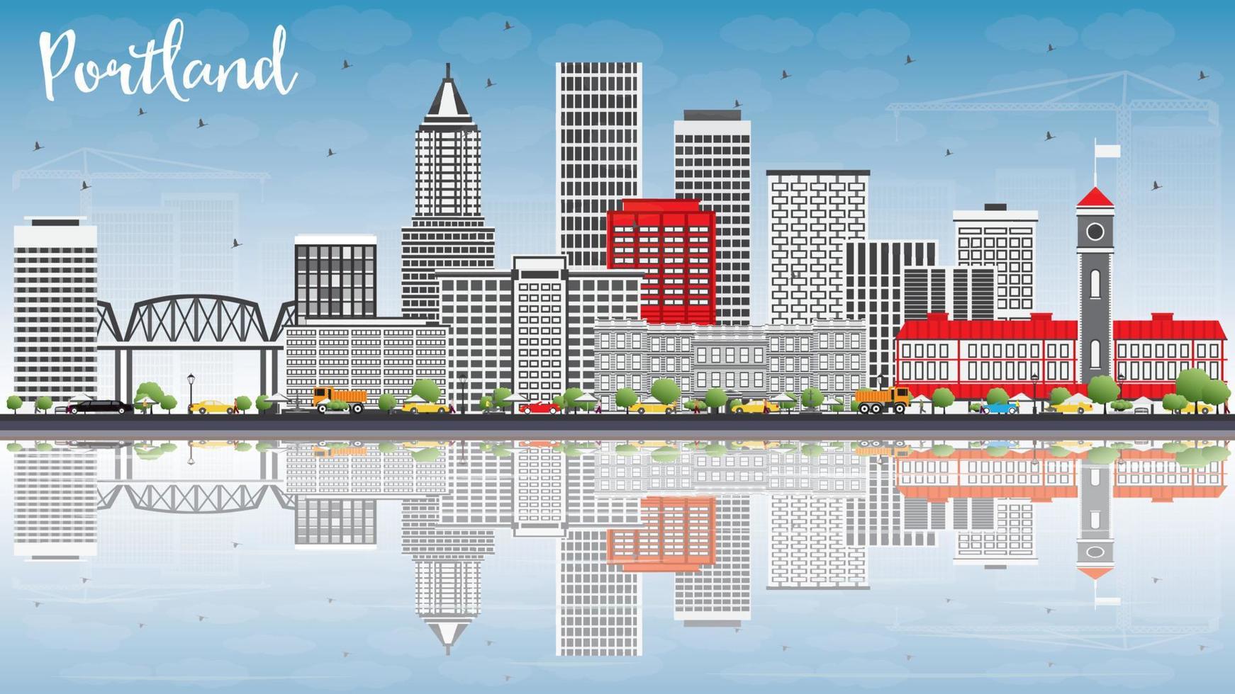 Portland Skyline with Gray Buildings, Blue Sky and Reflections. vector
