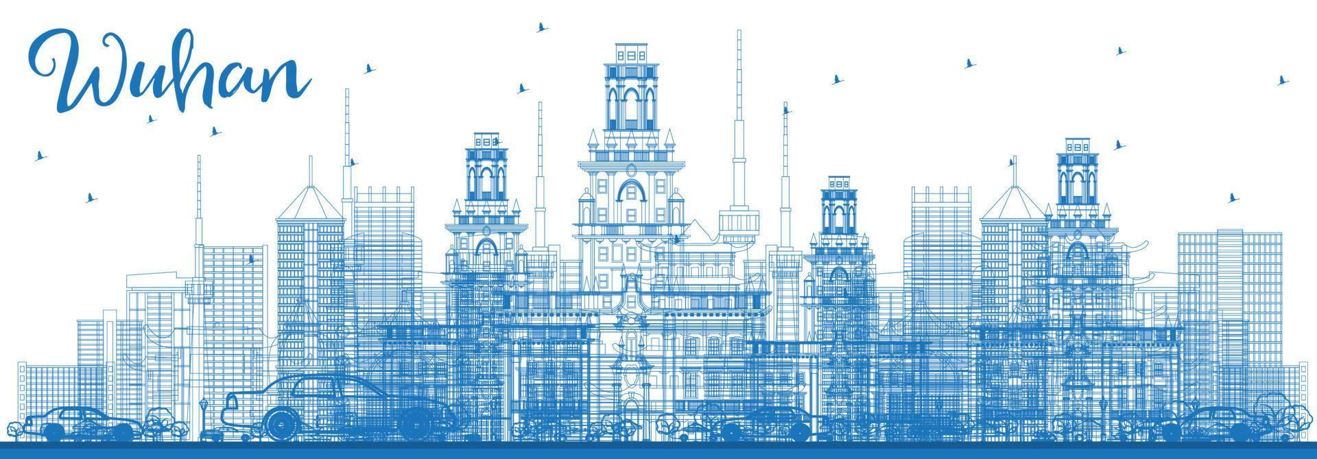 Outline Wuhan Skyline with Blue Buildings. vector