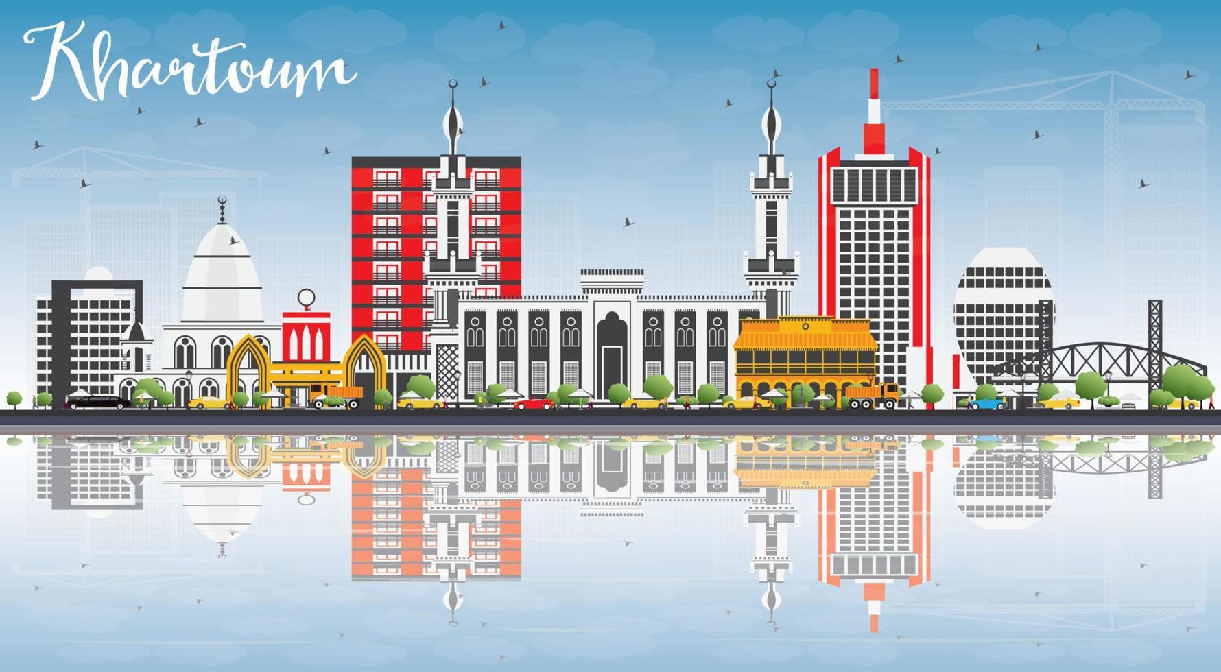 Khartoum Skyline with Gray Buildings, Blue Sky and Reflections. vector