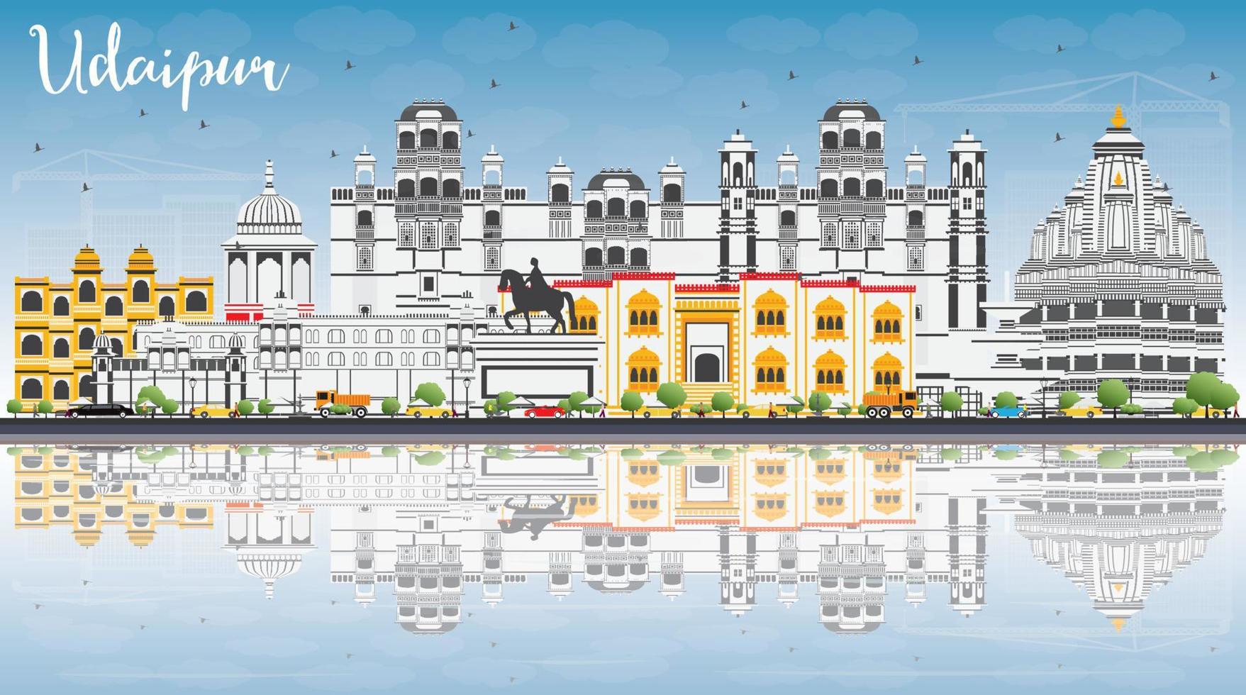 horizonte de udaipur con edificios de color, cielo azul y reflejos. vector