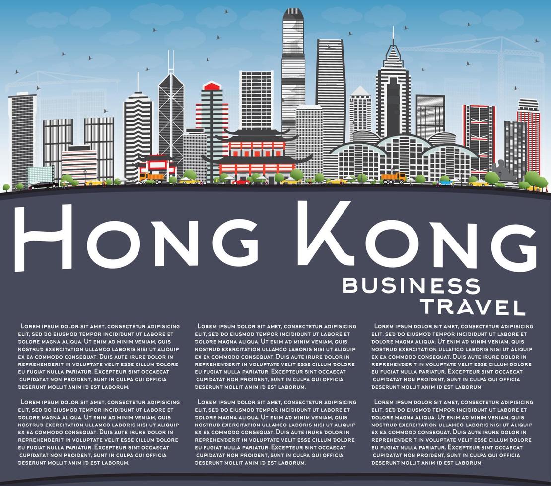 horizonte de hong kong con edificios grises, cielo azul y espacio para copiar. vector