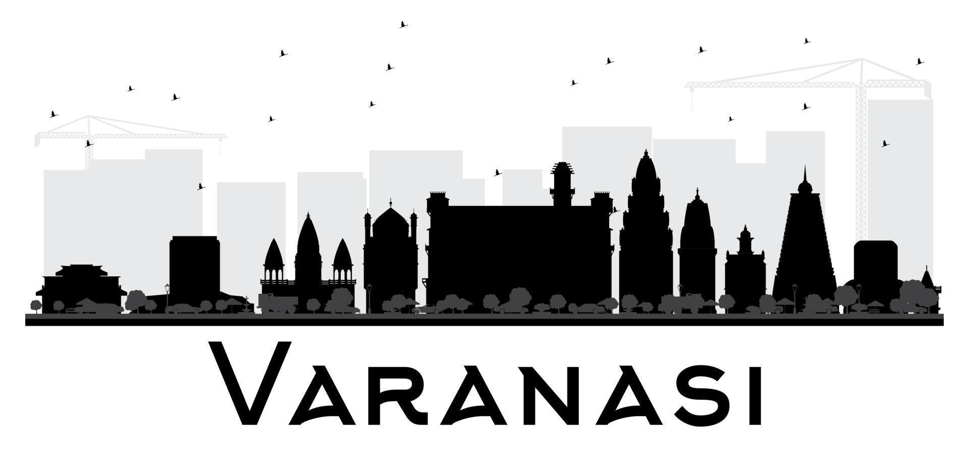 silueta en blanco y negro del horizonte de la ciudad de Varanasi. vector