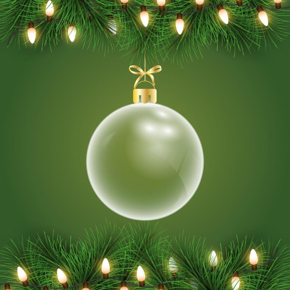 Glass ball Christmas on the background. Merry Christmas and happy new year with a glass ball and fir branch Christmas background. Christmas and new year background holidays. Vector illustration