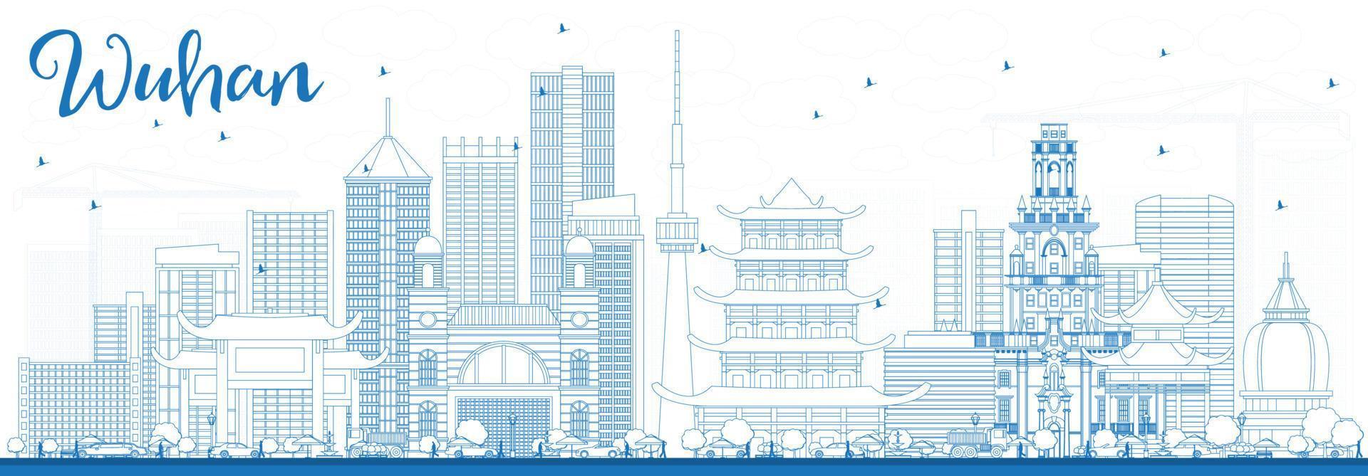 Outline Wuhan Skyline with Blue Buildings. vector