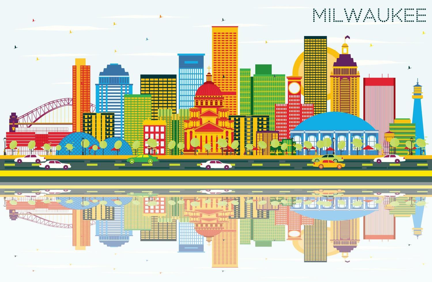 Milwaukee Skyline with Color Buildings, Blue Sky and Reflections. vector