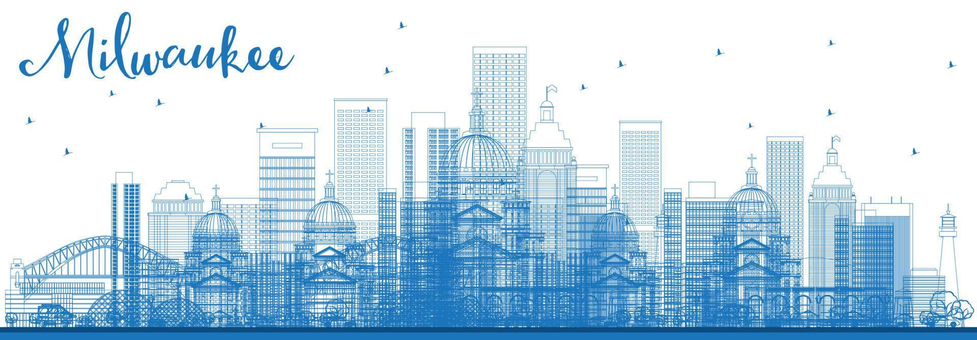 Outline Milwaukee Skyline with Blue Buildings. vector