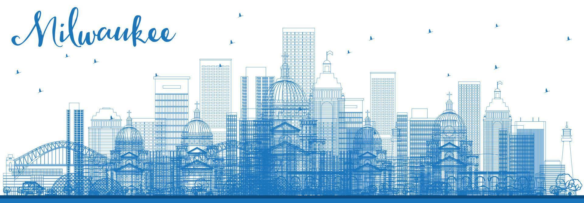 delinear el horizonte de milwaukee con edificios azules. vector