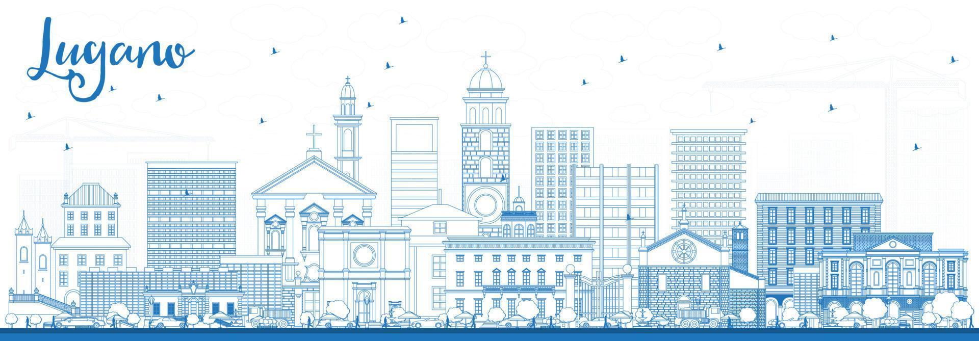 Outline Lugano Switzerland Skyline with Blue Buildings. vector
