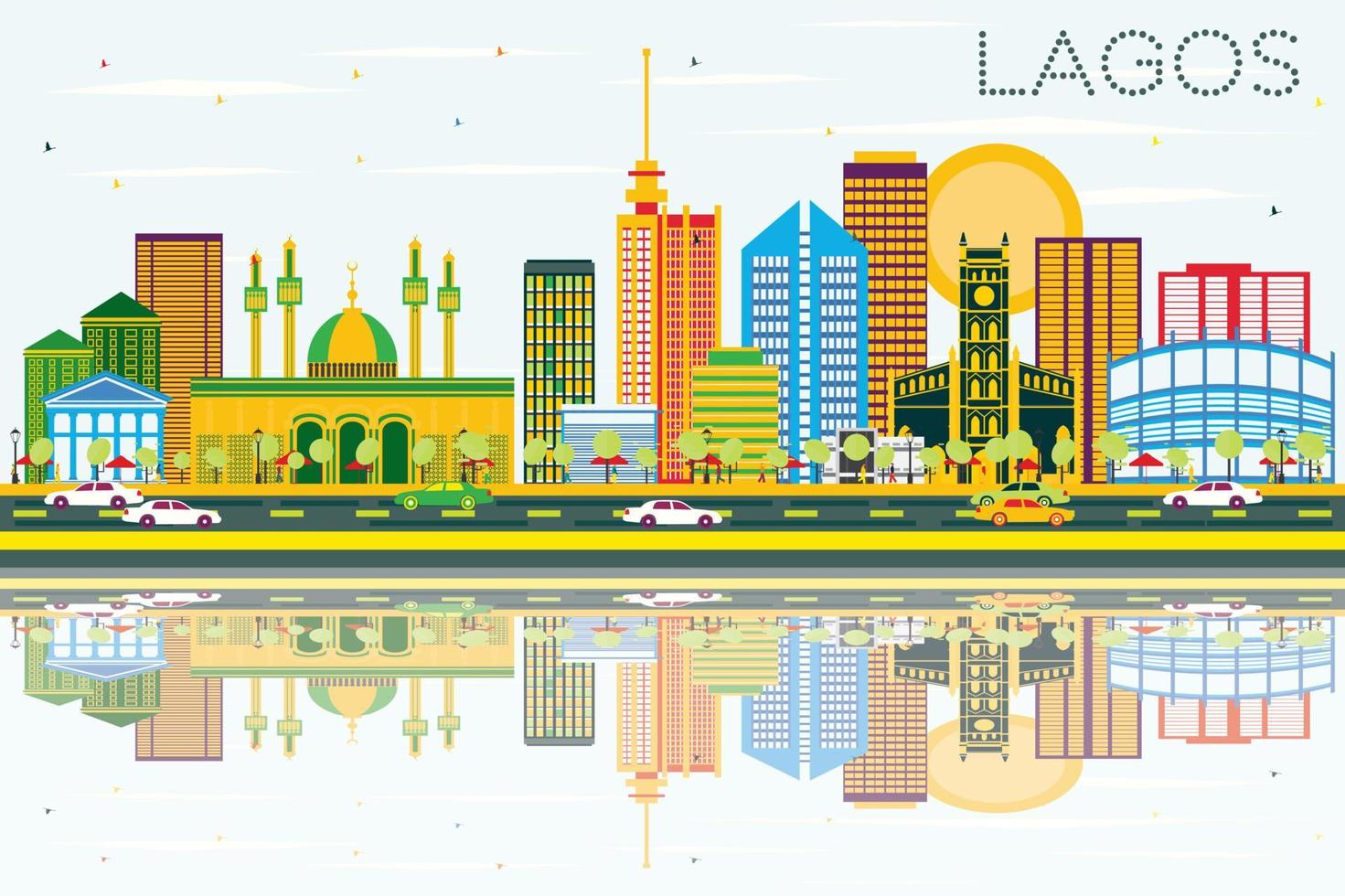 Lagos Skyline with Color Buildings, Blue Sky and Reflections. vector