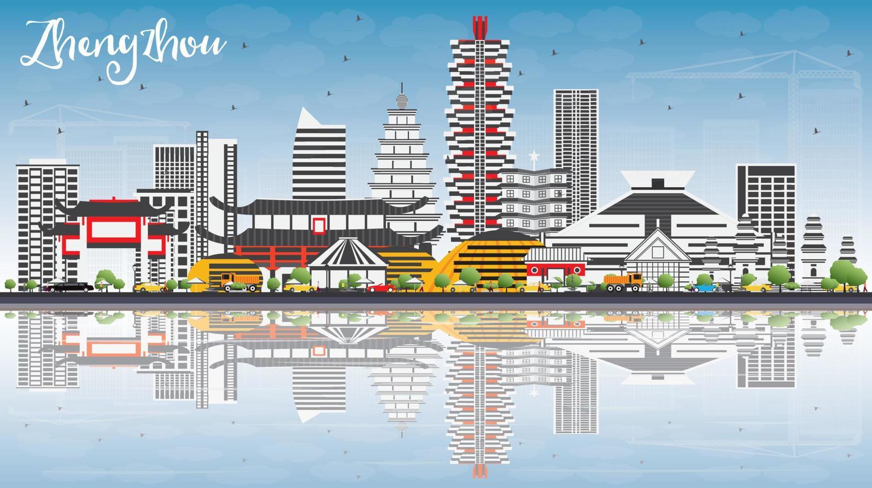 Zhengzhou Skyline with Gray Buildings, Blue Sky and Reflections. vector