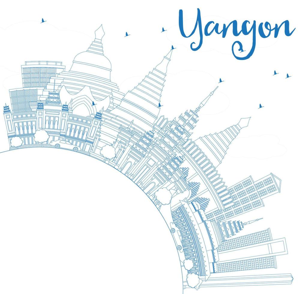 Outline Yangon Skyline with Blue Buildings and Copy Space. vector