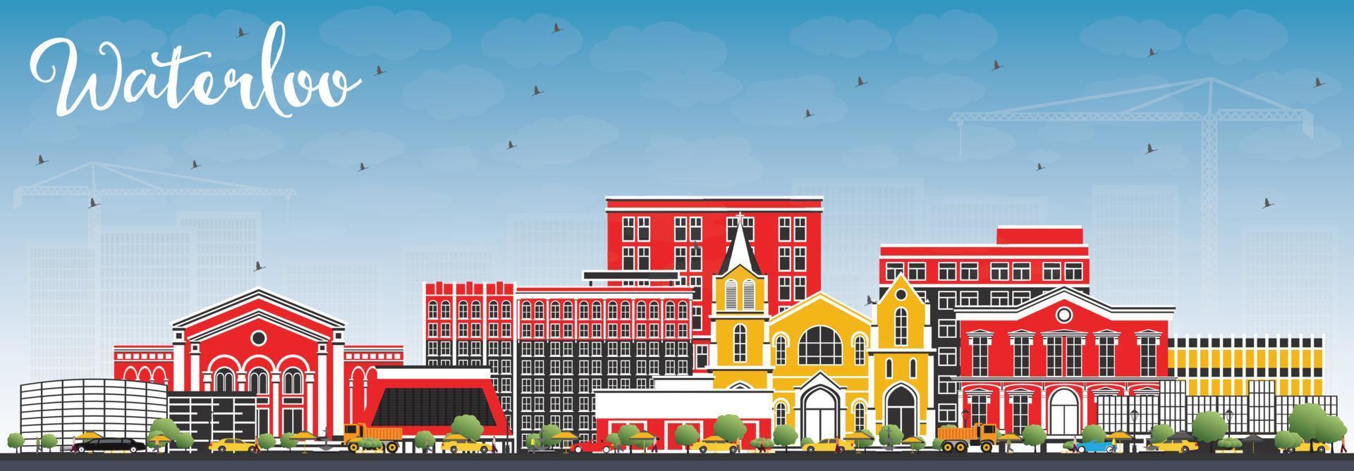 Waterloo Iowa Skyline with Color Buildings and Blue Sky. vector