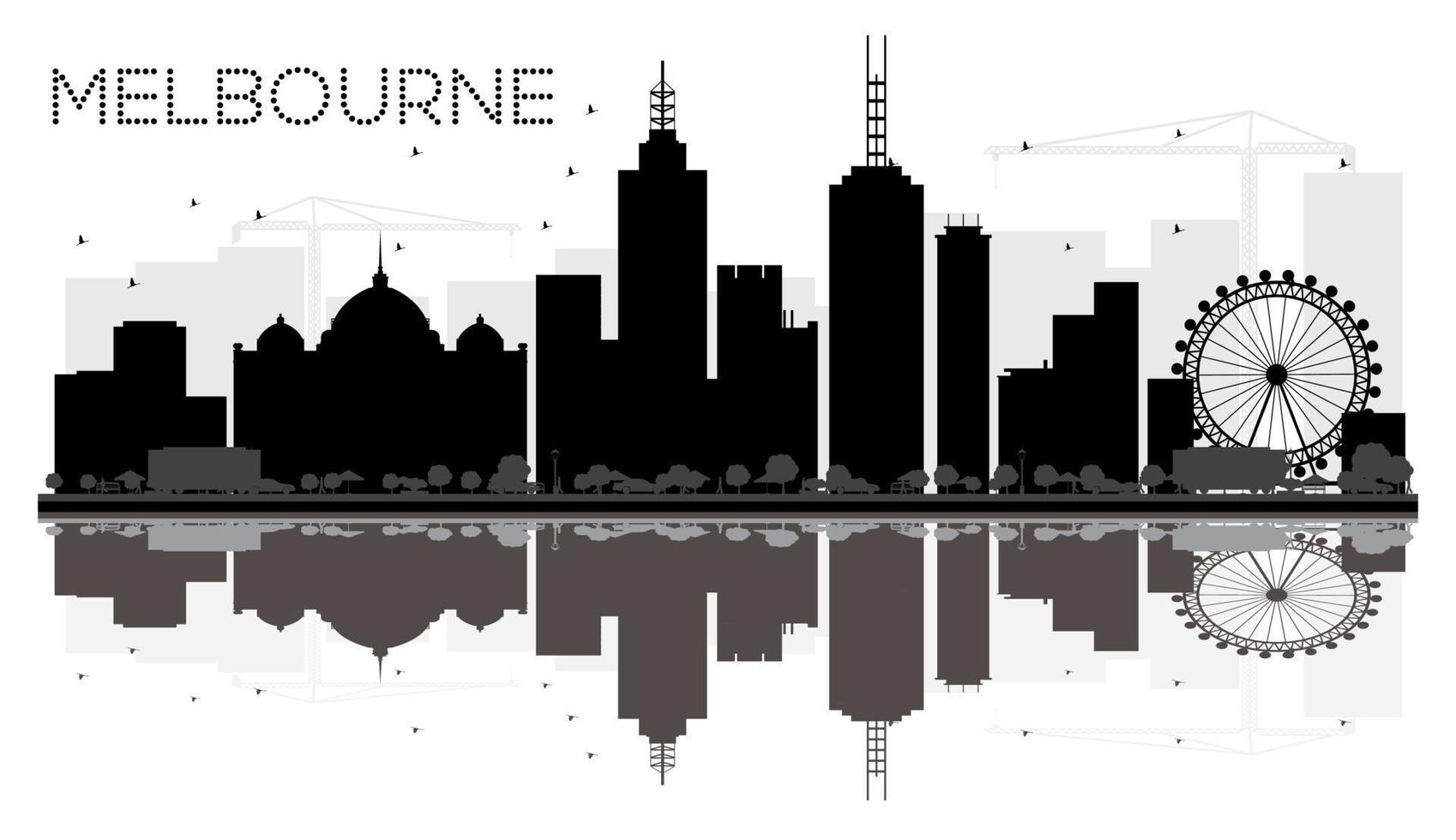 Melbourne City skyline black and white silhouette with reflections. vector