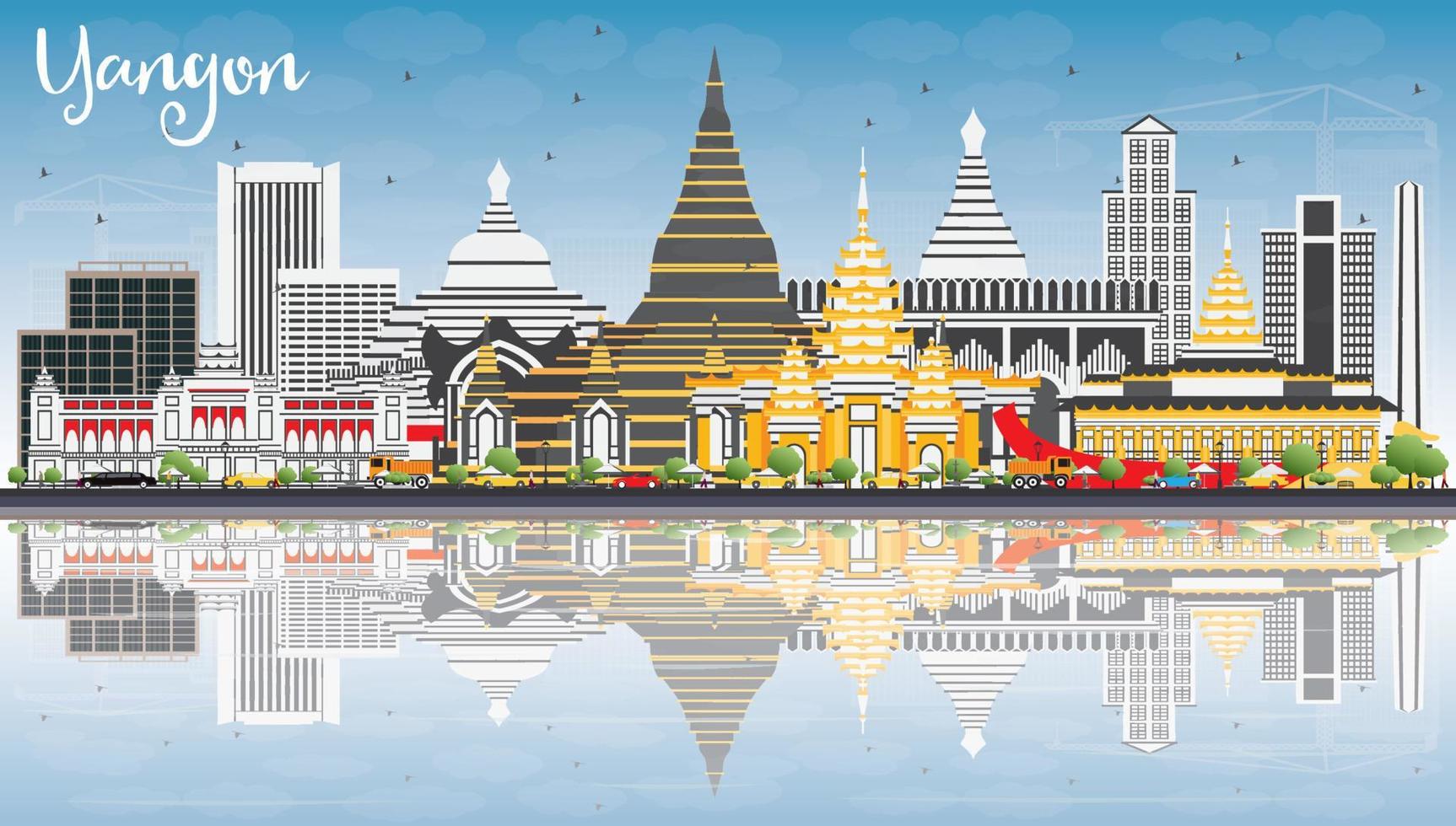 Yangon Skyline with Gray Buildings, Blue Sky and Reflections. vector