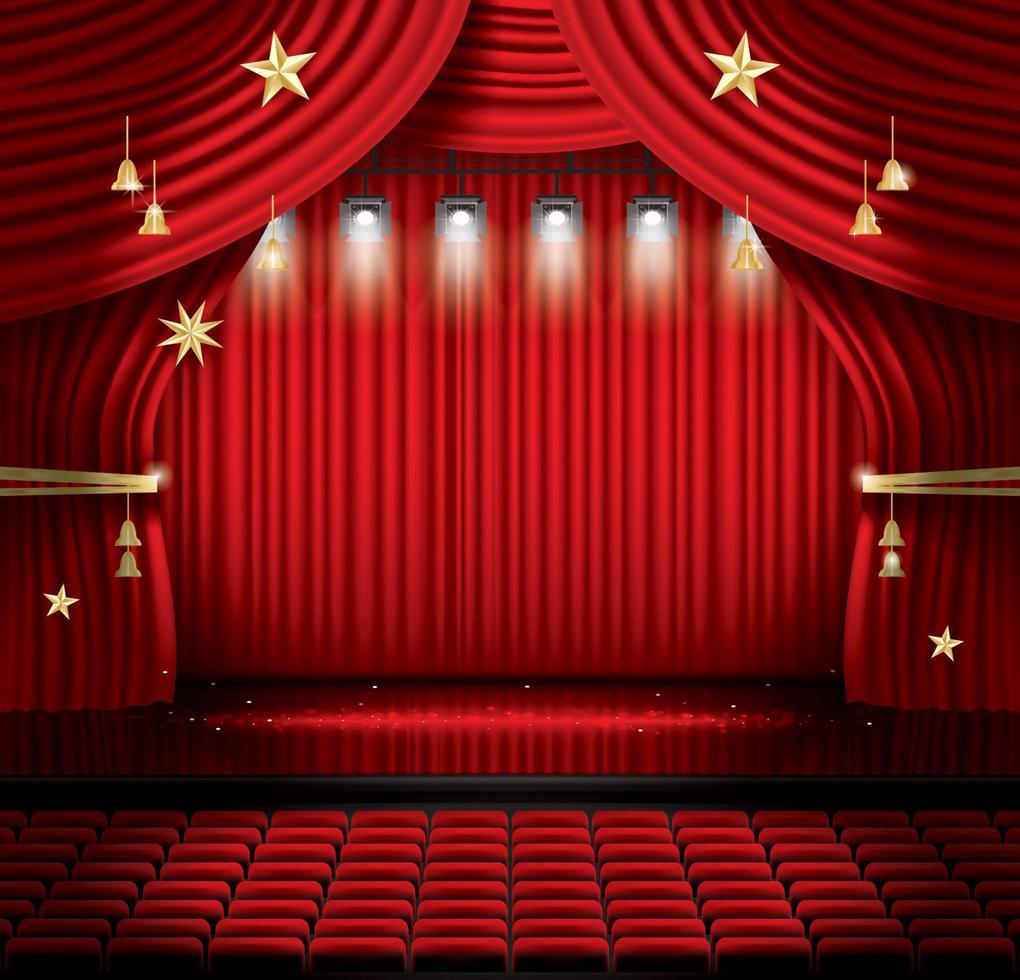 Red Stage Curtain with Seats and Spotlights. vector