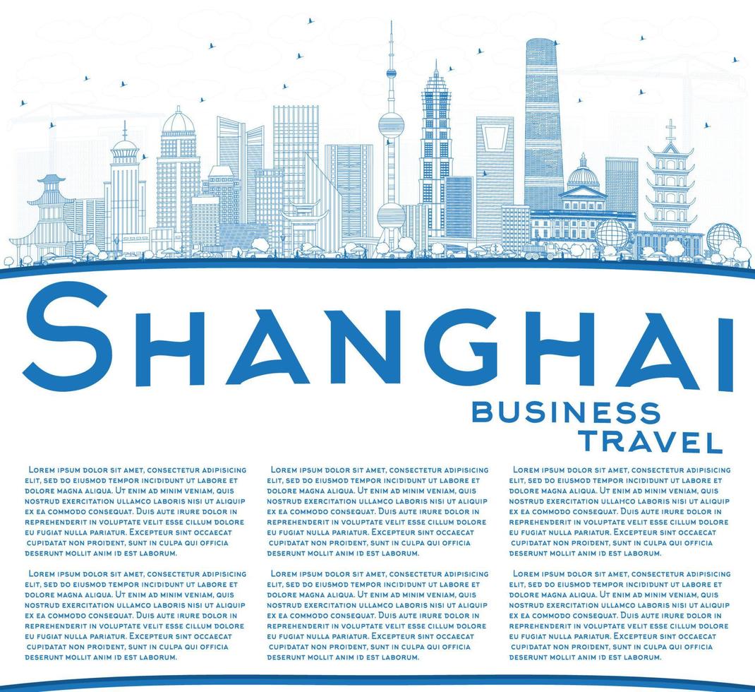 Outline Shanghai China Skyline with Blue Buildings and Copy Space. vector