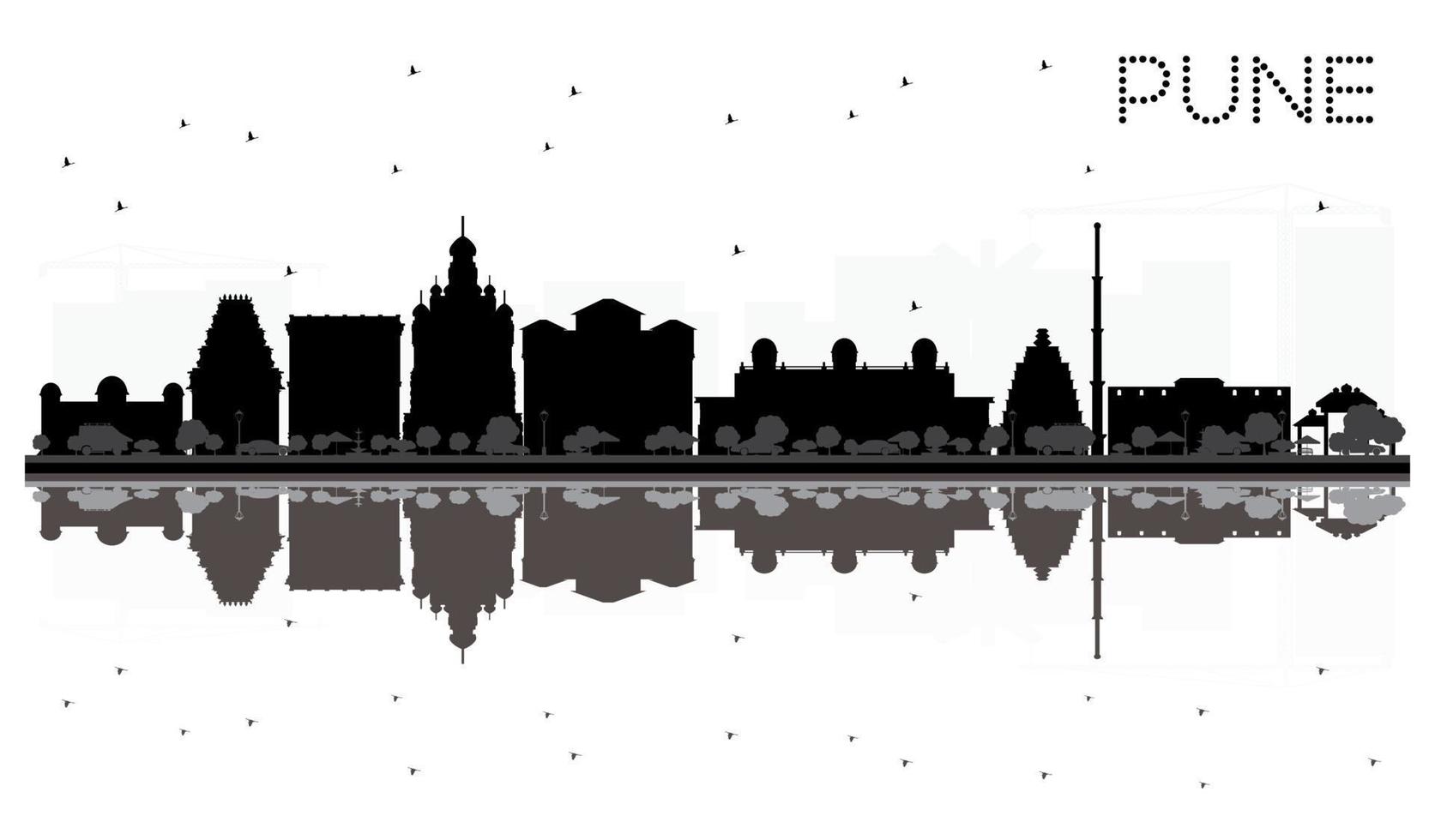 Pune skyline black and white silhouette with reflections. vector