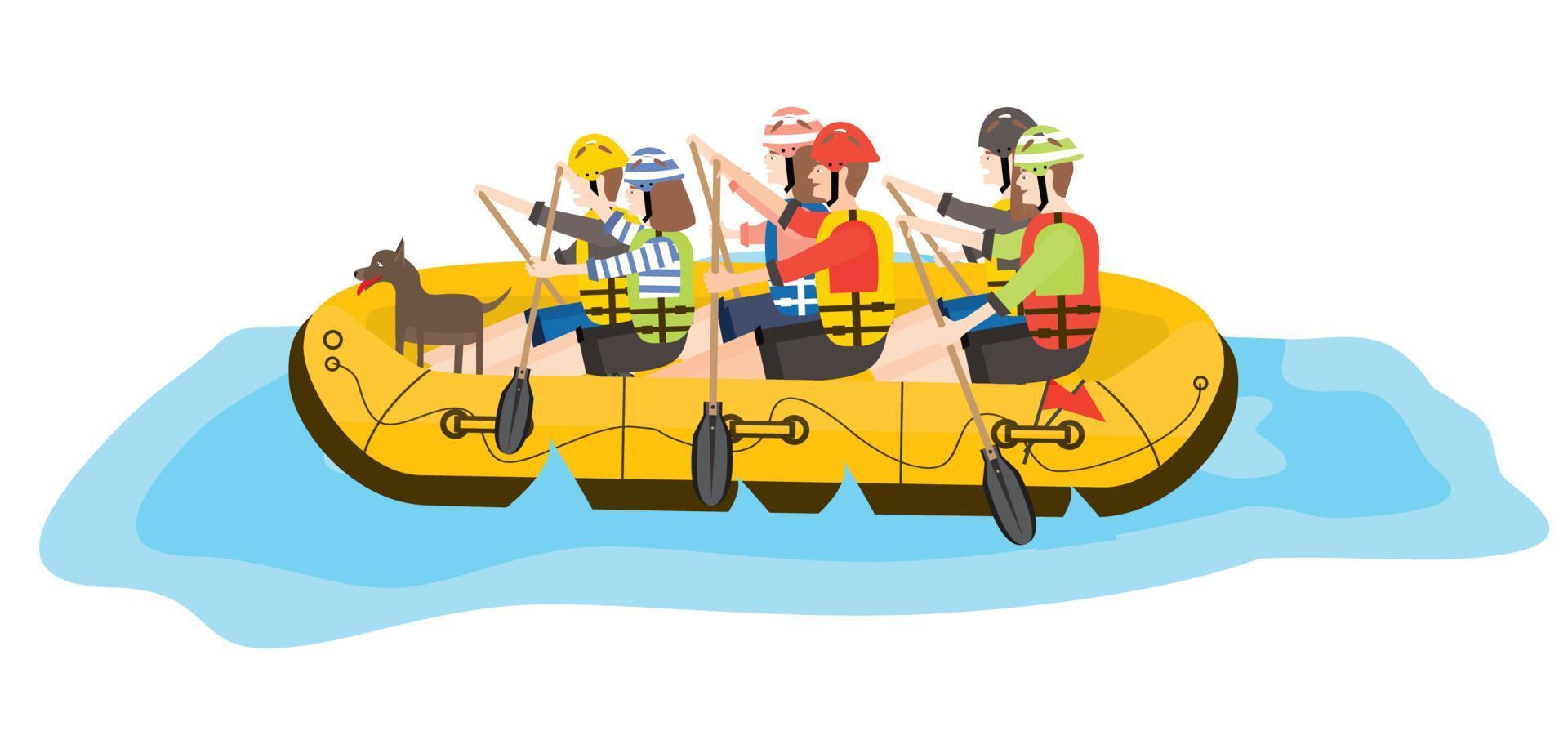 canotaje. seis personas y perro en bote amarillo. vector