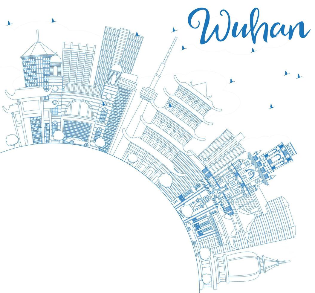 Outline Wuhan Skyline with Blue Buildings and Copy Space. vector