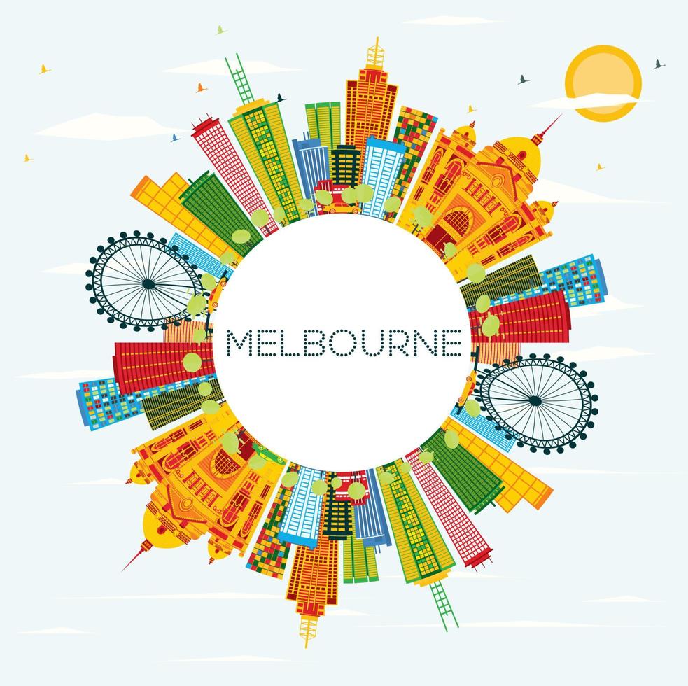 Melbourne Skyline with Color Buildings, Blue Sky and Copy Space. vector
