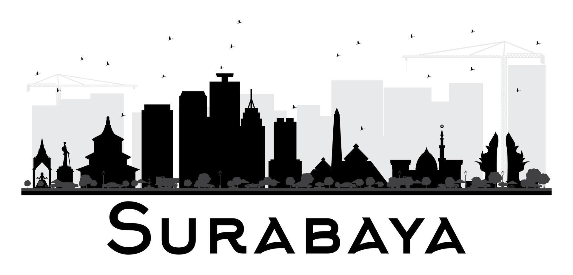 silueta en blanco y negro del horizonte de la ciudad de surabaya. vector