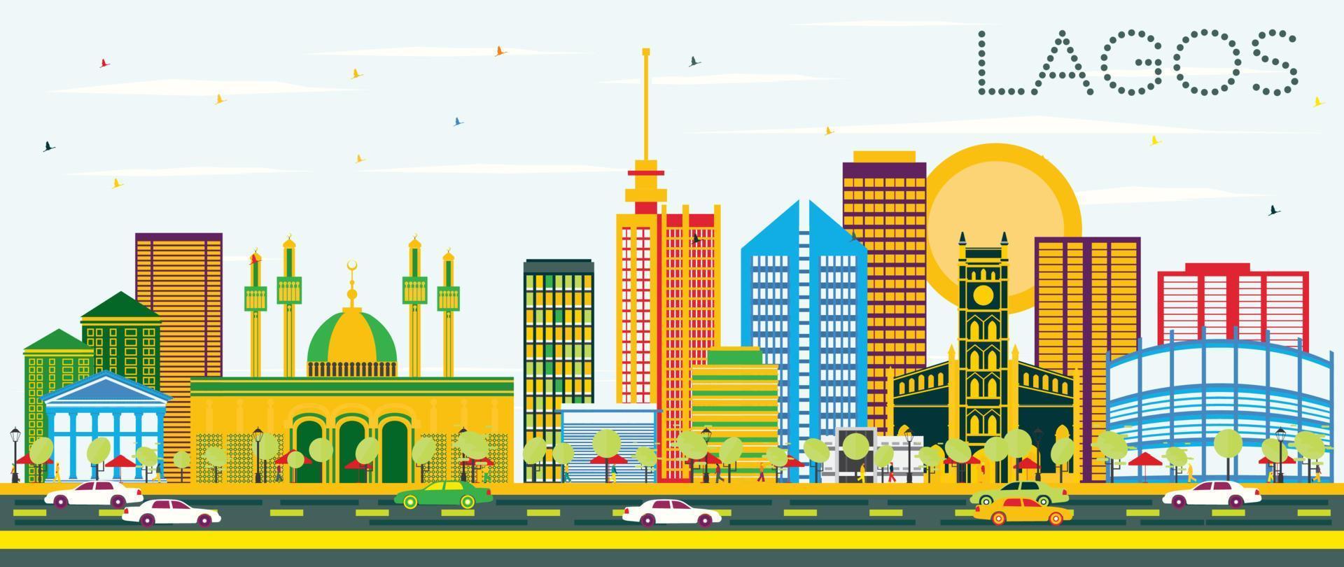 Lagos Skyline with Color Buildings and Blue Sky. vector
