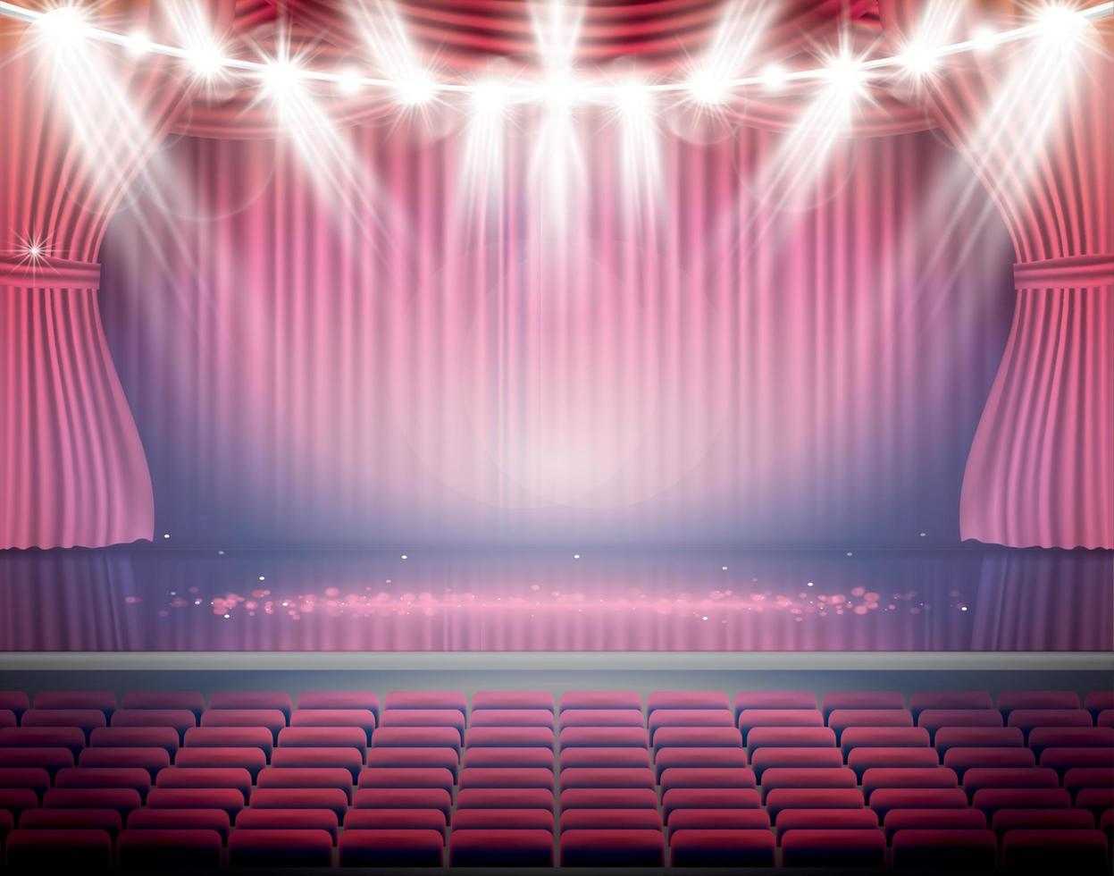 Open Red Curtains with Seats and Neon Spotlights. vector