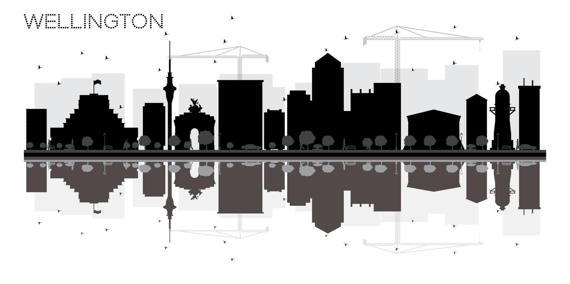 Wellington City skyline black and white silhouette with reflections. vector