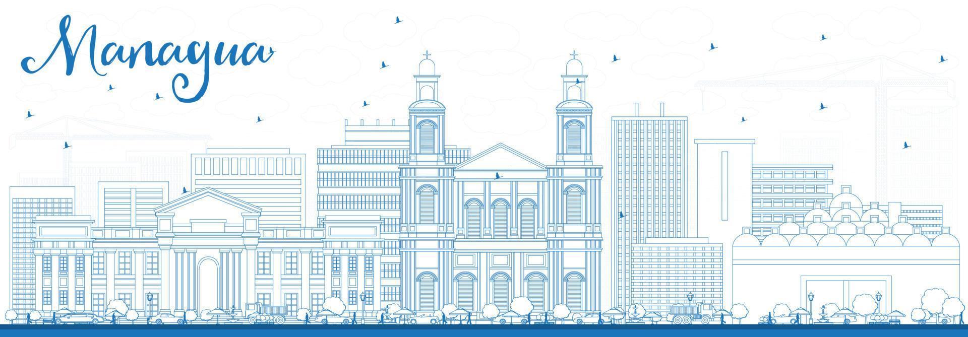 Outline Managua Skyline with Blue Buildings. vector