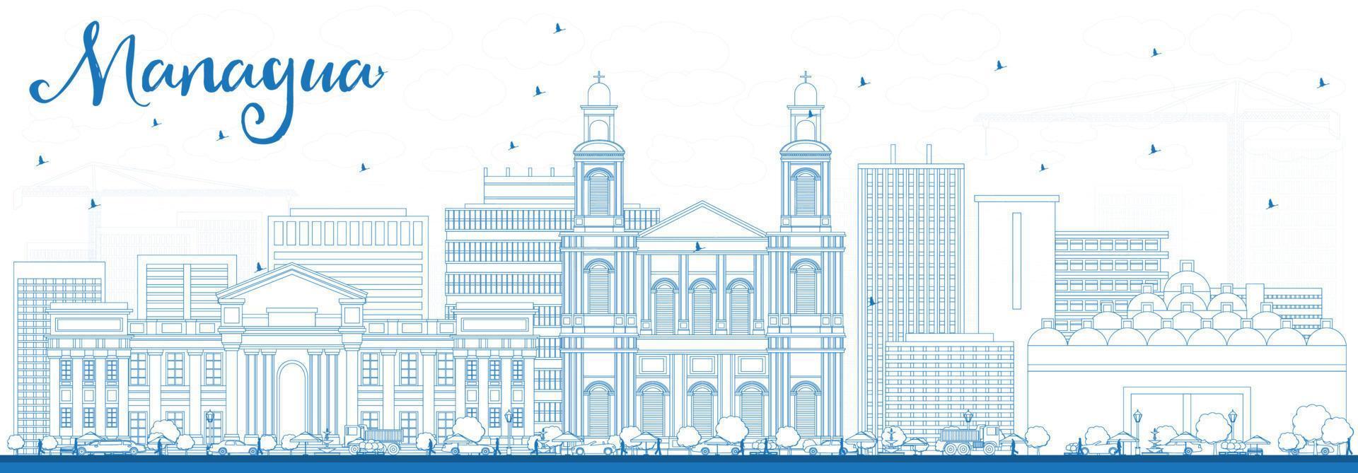 delinear el horizonte de managua con edificios azules. vector