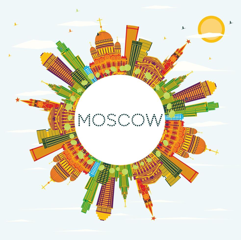 Moscow Skyline with Color Buildings, Blue Sky and Copy Space. vector