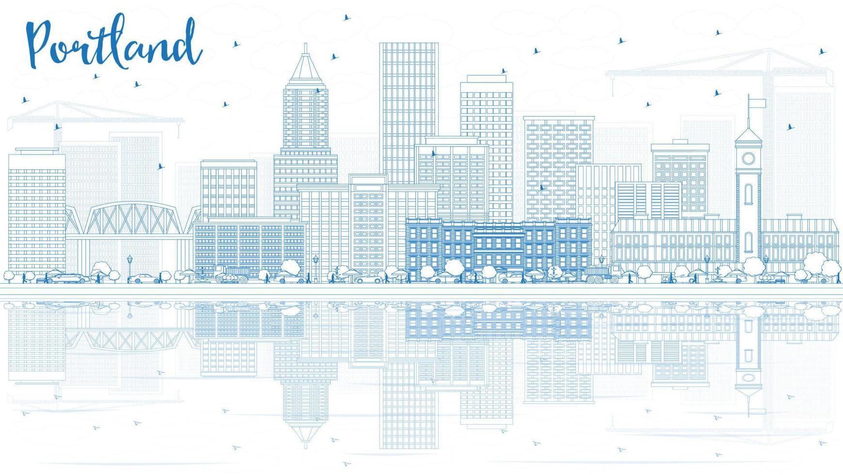 Outline Portland Skyline with Blue Buildings and Reflections. vector