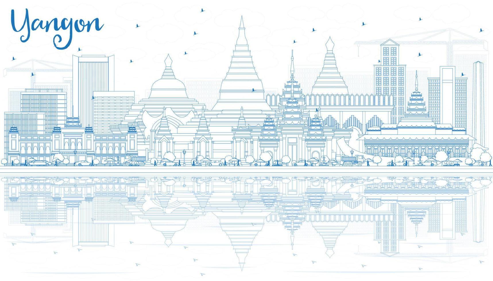 Outline Yangon Skyline with Blue Buildings and Reflections. vector