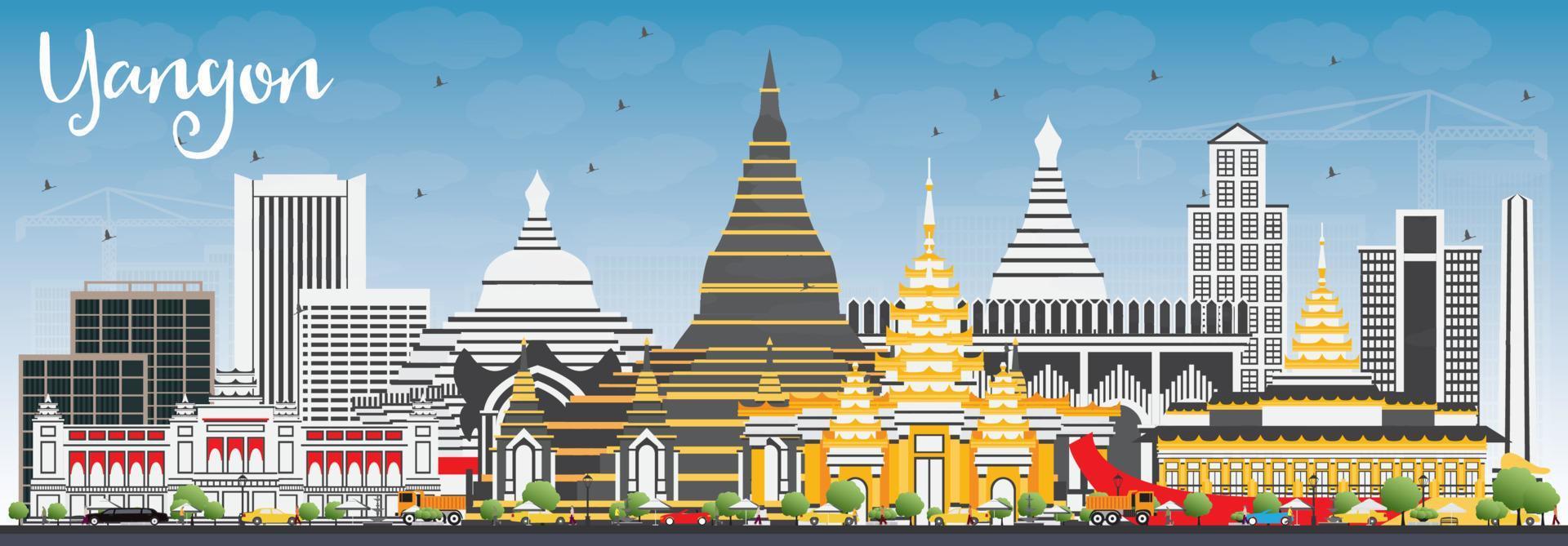 Yangon Skyline with Gray Buildings and Blue Sky. vector