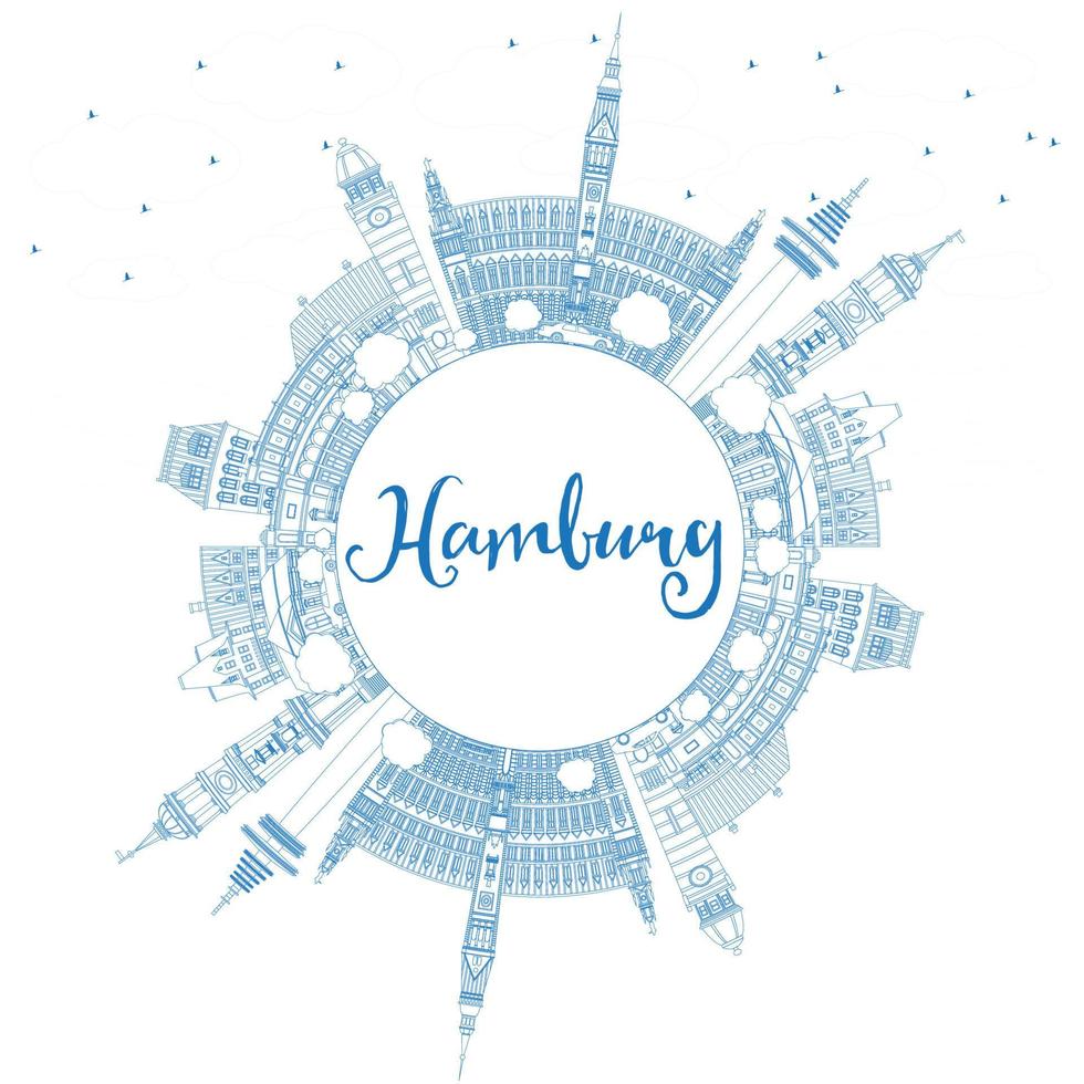 Outline Hamburg Skyline with Blue Buildings and Copy Space. vector