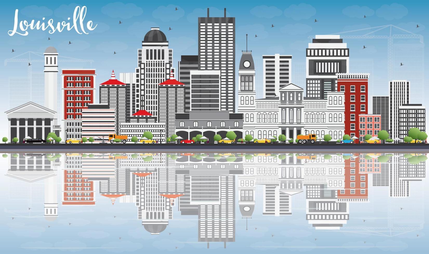 Louisville Skyline with Gray Buildings, Blue Sky and Reflections. vector