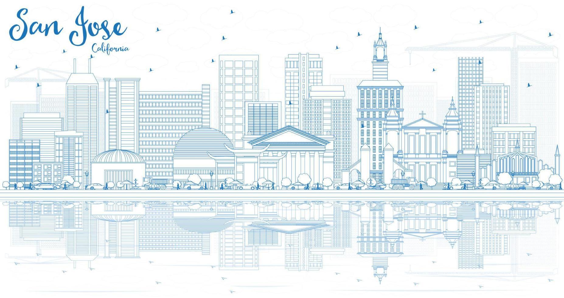 Outline San Jose California Skyline with Blue Buildings and Reflections. vector
