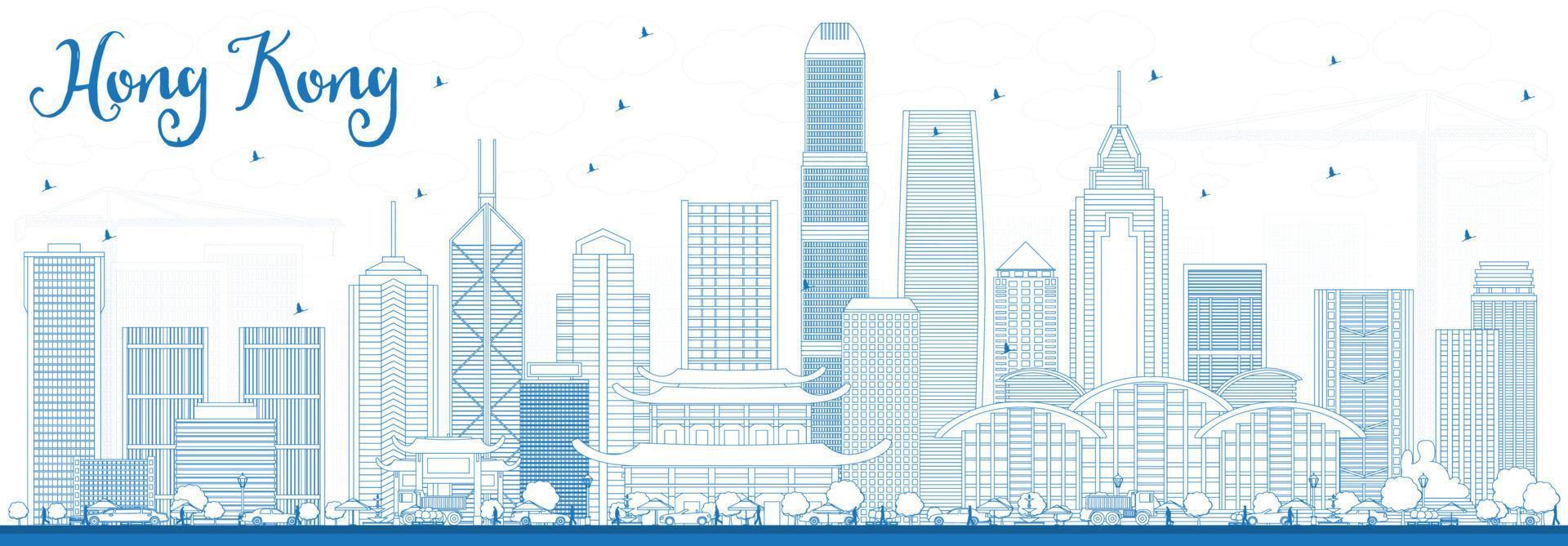 Outline Hong Kong Skyline with Blue Buildings. vector