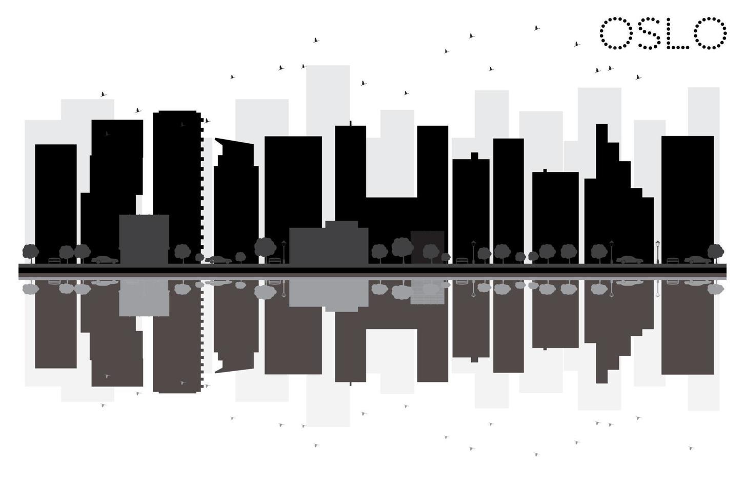 silueta en blanco y negro del horizonte de la ciudad de oslo con reflejos. ilustración vectorial concepto plano simple para presentación turística, pancarta, cartel o sitio web. concepto de viaje de negocios. vector