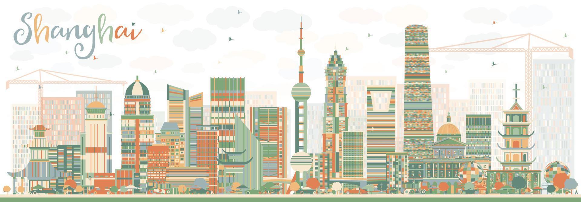 Shanghai Skyline with Color Buildings. vector